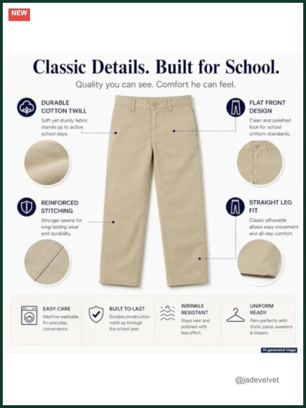 Boys School Uniform Pants Adjustable Waist Cotton Regular Slacks
